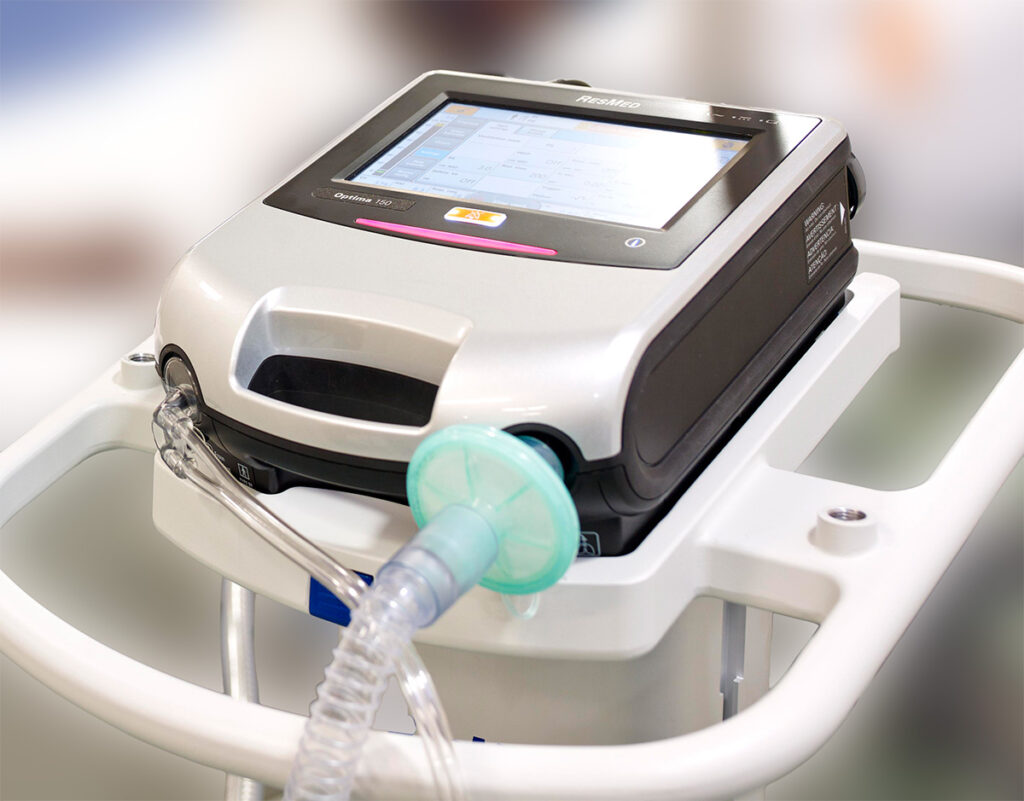 Front view of Resmed Astral portable life-support ventilator.
